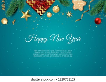 Banner with vector christmas tree branches, gold stars, christmas balls and space for text.