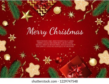 Banner with vector christmas tree branches, gold stars, christmas balls and space for text.