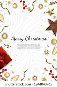 Banner with vector christmas tree branches, gold stars, christmas balls and space for text.