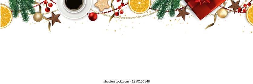 Banner with vector christmas tree branches, gold stars, christmas balls and space for text.