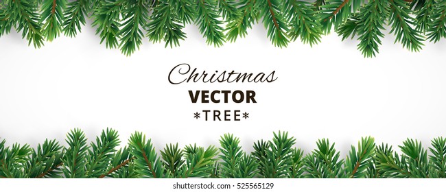 Banner with vector christmas tree branches and space for text. Realistic fir-tree border, frame isolated on white. Great for christmas cards, banners, flyers, party posters, headers.