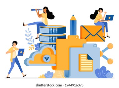 Banner vector design of folder storage technology for cloud databases and social media activities. Illustration concept be used for landing page, template, ui, web, mobile app, poster, banner, website