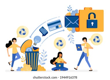 Banner vector design of wasting archive data into recycle bin with protection and security system. Illustration concept be used for landing page, template, ui, web, mobile app, poster, banner, website