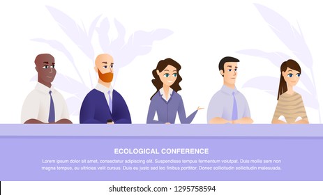 Banner Vector Ecological Conference Specialists. Illustration World Conference Specialist in Environmental Protection Earth. Podium for Speaker Background Flower. Answer Journalist Question