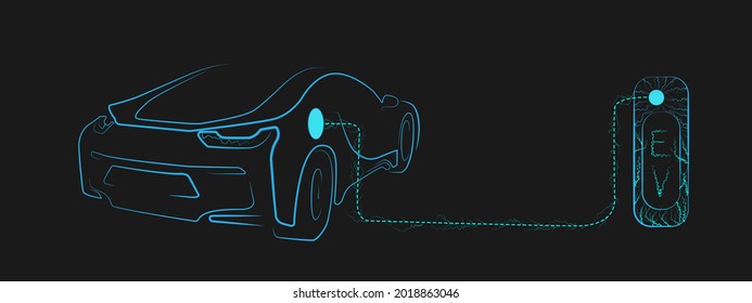 banner vector of Electric car.  Abstract Futuristic Neon Glowing Concept Car Silhouette. Vector illustration. graphic of EV charger station with electric vehicle in modern technology industries.