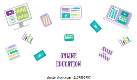 Banner with vector elements of gadgets for online training and courses, digital classroom, webinar. Computer monitor, tablet and laptop, infographics. To use advertising, background, stickers.