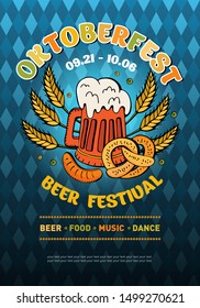 Banner in vector for the festival Oktoberfest. German traditional beer festival. Lager Beer with pretzel, sausages and wheat on blue and white Bavaria flag background. German beer with foam.