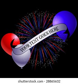 Banner with vector fireworks and balloons (text easily removed)