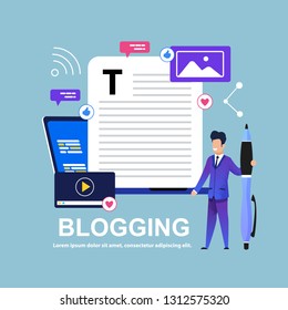 Banner Vector Flat Illustration Blogging. Man Stands with Big Pen. Write Interesting Story. Internet Articles on Various Topics. Internet and Social Networks Like Young People. Short Articles Success.