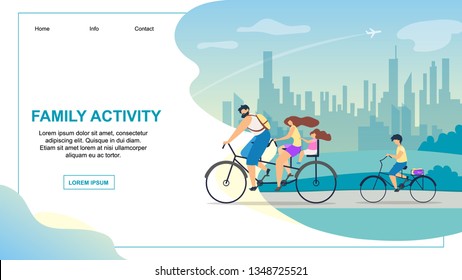 Banner Vector Flat Illustration of Family Activit. Healthy Lifestyle is Good Choice for Young Family from Big Noisy Dirty City Guys Riding Bike. Dad Pedals and Holds Wheel. Daughter on Small Bicycle.