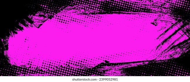 Banner with vector grunge frame with halftone grid texture. Ink brush strokes mess. Design for poster, collages, web. Retro punk, comic or pop background. Bright pink background with brush smears.