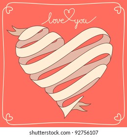 Banner in vector with heart made from  ribbon. Red background with text box for presentation, with frame and text - Love You. Original greeting card Valentines Day and wedding.