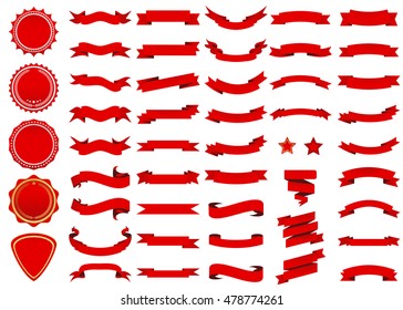 Banner vector icon set red color on white background. Ribbon isolated shapes illustration of gift and accessory. Christmas sticker and decoration for app and web. Label, badge and borders collection.