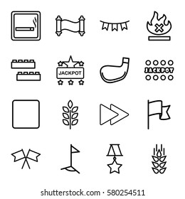 banner vector icons. Set of 16 banner outline icons such as smoking area, wheat, child building kit, Jackpot, no fire, stop, fast forward, party flag, flag, medal, manuscript