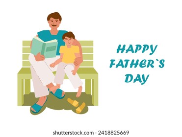 Banner, vector illustration for dad's day with inscription - happy father's day. A father sits with a book next to his son on a bench. Dad hugs his son and smiles at him.