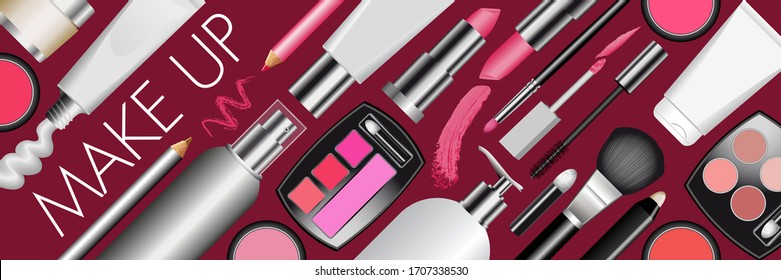 Banner - vector illustration with many makeup products.