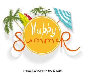 Banner vector illustration, surfboards, umbrella, palm trees.