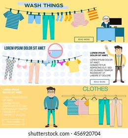 banner vector illustration wash things. Clothes hanging on a rope. Clothes on a hanger. . Hanger with clothes. set of clothes on a hanger. Flat illustration wash clothes. 