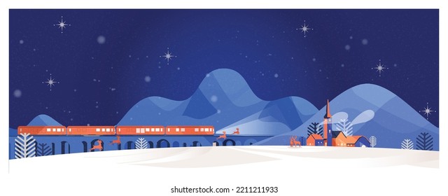 Banner vector illustration of winter night scene in countryside with train and snow fall