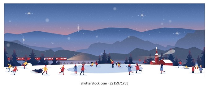 Banner vector illustration of winter night scene in countryside with train and snow fall.Happy people outside.Play skate,snowman,snowball.Concept of happy holidays in the mountain.