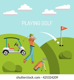 Banner vector image of sports equipment for Golf, such as Golf bag, putter, golfer, ball, hole, Golf course. The golfer will hit the ball towards the hole.