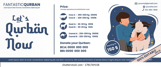 Vector de pancarta islámico para Let's Qurban ahora y donar su Qurban. Lista de precios de ilustración para Qurban o sacrificio. EPS 10