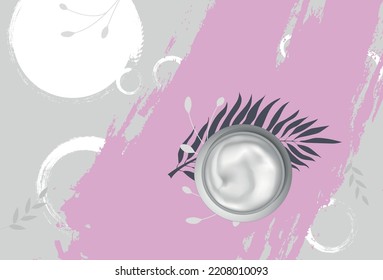 banner vector with open round jar of cream. cosmetic banner with lotion and leaves