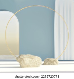 banner vector for product demonstration with blue wall and light nature