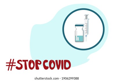 Banner with vector stop covid red text and crossed out stylized virus sign on white background. 
Place for your text.