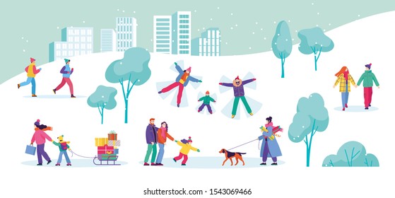 Banner vector template with winter activities in the park. Family making snow angel, couple walk holding hands, woman walking with dog, mother and son carry gifts on sledges. Flat cartoon characters.