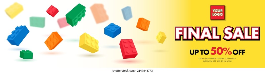 Banner vector toy with colorful blocks bricks toy for sales promotion, online shop, flyer, poster, web, ads, social media, baby and kid store. Building brick block toys template design