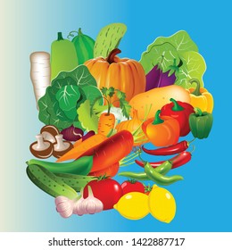 Banner with vector vegetables. Concept healthy food. Onion, zucchini, eggplant and asparagus. Corn, celery, mushrooms or daikon et al.