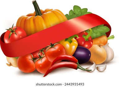 Banner with vector vegetables. Concept healthy food. Onion, zucchini, eggplant and asparagus. Corn, celery, mushrooms or daikon et al.
