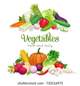 Banner with vector vegetables. Concept healthy food. Onion, zucchini, eggplant and asparagus. Corn, celery, mushrooms or daikon et al.