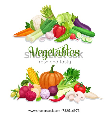 Banner with vector vegetables. Concept healthy food. Onion, zucchini, eggplant and asparagus. Corn, celery, mushrooms or daikon et al.