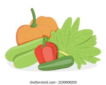 Banner with vector vegetables. Healthy food concept. Pumpkin, zucchini, peppers, cucumbers and greens. Eat fresh vegetables. The concept of vegetarianism.