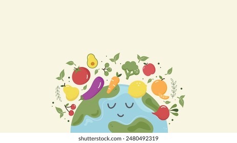 Banner for Veganism Day. Horizontal background with planet Earth and vegetables, fruits around it. The concept of proper healthy eating. Vector