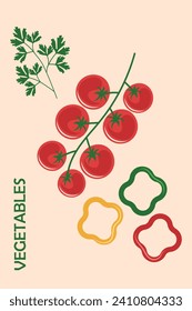 Banner with vegetables. Food banner with parsley, tomatoes, pepper slices. Kitchen set for cooking. Flat vector illustration.