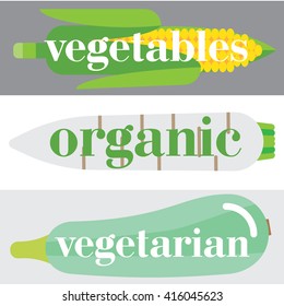 Banner with vegetables and inscriptions. Vegetarian, organic.