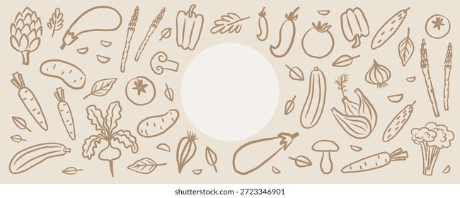 Anuncio con verduras para texto. Fondo de doodle minimalista con cosecha orgánica fresca. Dibujado a mano patrón de arte de línea. Producto agrícola. Comida saludable. Croquis con tomates, pepinos, zanahorias, patatas