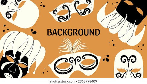 Banner with Venetian theatrical masks. Vector illustration in hand drawn style.