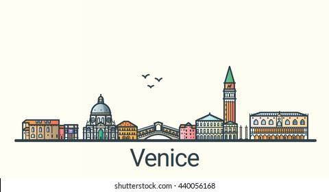 Banner of Venice city in flat line trendy style. Venice city line art. All buildings separated and customizable.