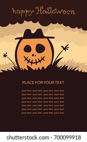 Banner vertical background with pumpkin, Terrible character in a hat for holiday . Flyer or invitation template for Halloween party. Vector illustration.