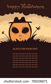 Banner vertical background with pumpkin, Terrible character in a hat for holiday . Flyer or invitation template for Halloween party. Vector illustration.