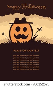 Banner vertical background with pumpkin, Terrible character in a hat for holiday . Flyer or invitation template for Halloween party. Vector illustration.