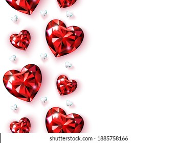 Banner with vertical borders of red rubies and diamonds. Heart shaped gems. Valentine card for Valentine's Day, Women's Day, wedding illustration. Isolated on white background Vector.
