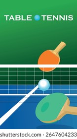 Banner vertical, championship ping pong, poster design. Vector graphics table tennis, two rackets, net and ball, blue tennis table. Competition of professionals, sports school