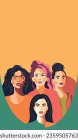 The banner is vertical. A group of beautiful women with different beauty, skin color. The concept of woman, femininity, independence and equality. Yellow background. Vector illustration of place for t