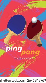 Banner vertical tournament table tennis, competition of professionals. Flat design rackets and ball, background texture realistic brush strokes, abstract, sport activity