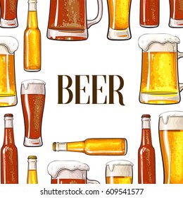 Anuncio de botellas de cerveza, tazas y vasos colocados vertical y horizontalmente con lugar para texto, Ilustración vectorial de croquis sobre fondo blanco. Botella de cerveza dibujada a mano, vidrio, fondo de marco de lúpulo